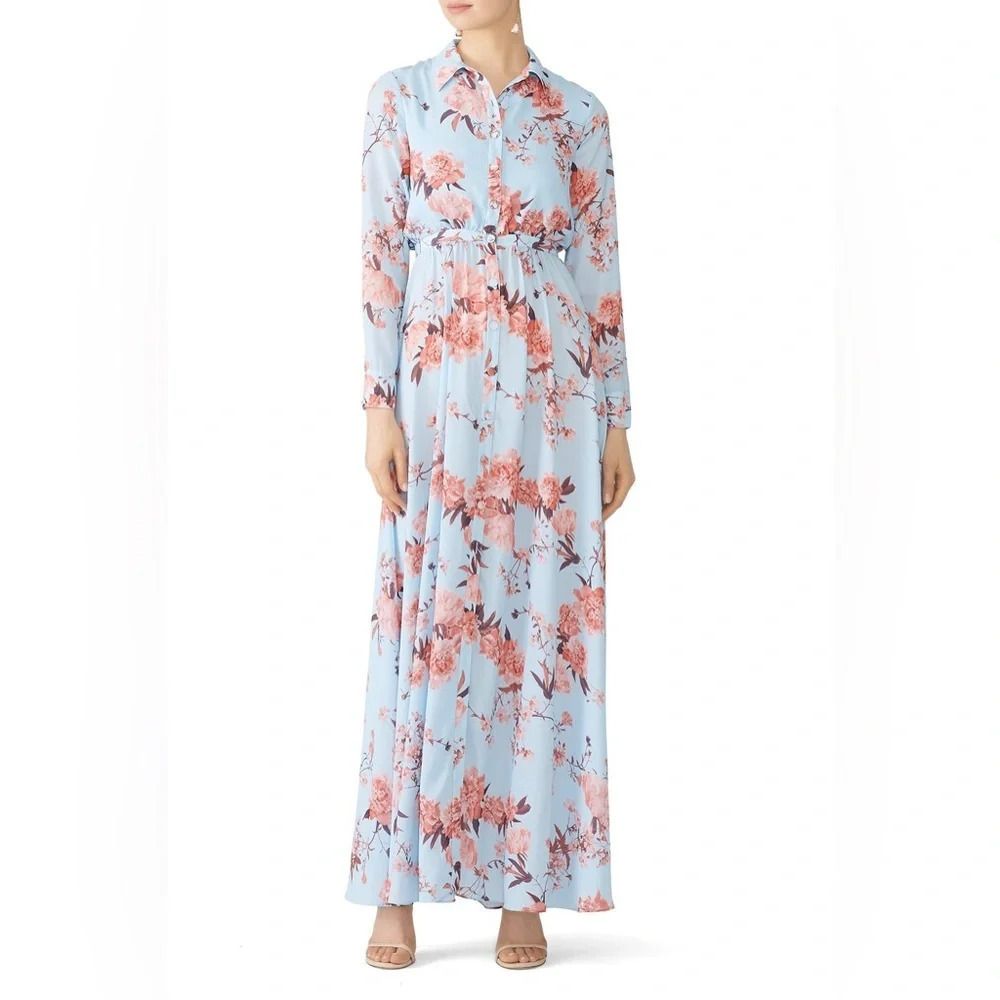 Fame and Partners - The Orianna Maxi - Blue Floral Long sleeve Dress- US 0 - RTR